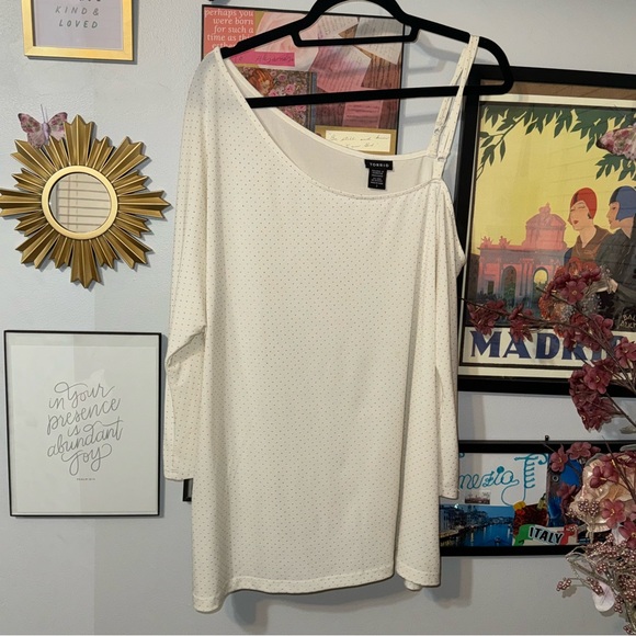 Ivory w/ Gold Polka Dot SS One Shoulder Top / Blouse Women's Size 2 - Picture 2 of 8